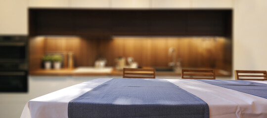 Table background of free space and blurred interior 