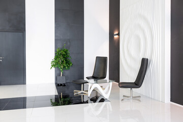Luxurious futuristic trendy modern interior in contrasting black and white colors with interesting fashionable black furniture and decorated wall