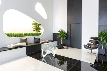 Luxurious futuristic trendy modern interior in contrasting black and white colors with interesting fashionable black furniture and decorated wall