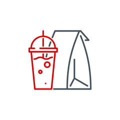 mobile app icon set food in a paper bag and a drink in a cup isolated on white. outline app icon symbol paper bag, cup with coffee, soda or cocktail. fast food Quality element with editable Stroke