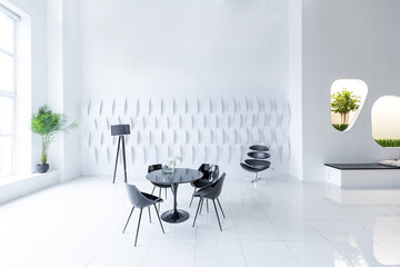 Luxurious futuristic trendy modern interior in contrasting black and white colors with interesting fashionable black furniture and decorated wall