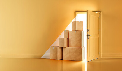 Lots of delivery boxes in a open door with abstract light. Yellow background with white light. Moving house and Door to Door delivery concept