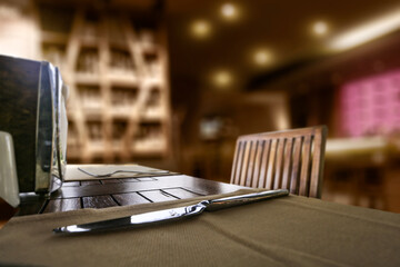 Table background of free space and blurred interior 