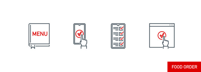 mobile app icons set online order and food delivery banner isolated on white. outline app symbols menu, check list, done, hand. Quality elements application menu on smartphone with editable Stroke