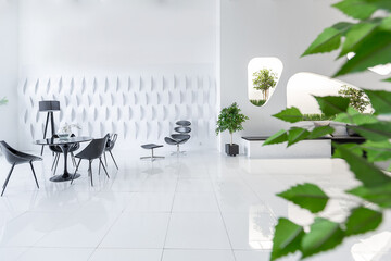 Luxurious futuristic trendy modern interior in contrasting black and white colors with interesting fashionable black furniture and decorated wall
