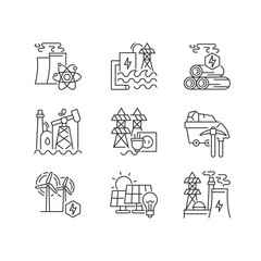 Energy business linear icons set. Industrial power plants customizable thin line contour symbols. Electricity generation stations. Isolated vector outline illustrations. Editable stroke