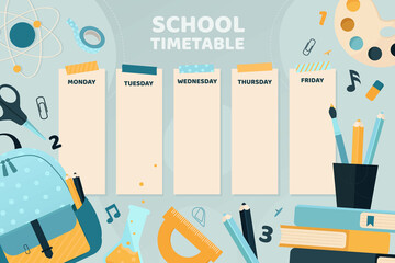 School timetable with cute colorful stationery illustration.