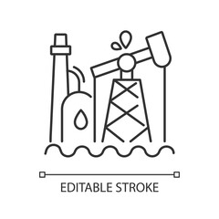 Oil industry linear icon. Petroleum refinery station, fossil fuel extraction plant. Thin line customizable illustration. Contour symbol. Oil pump vector isolated outline drawing. Editable stroke © IMG visuals icons