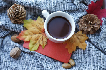 Autumn, fall leaves, hot steaming cup of coffee and a warm grey scarf . Seasonal, morning coffee, Sunday relaxing and still life concept.