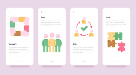 Teamwork mobile user interface with flat icons: team, unity, puzzle, collaboration. Modern vector illustration, template with copy space.