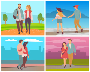 Dating people in evening vector set, man and woman romantic couple on date. Male and female, boyfriend and girlfriend celebrating anniversary of relationship. Valentine day. illustration in flat style