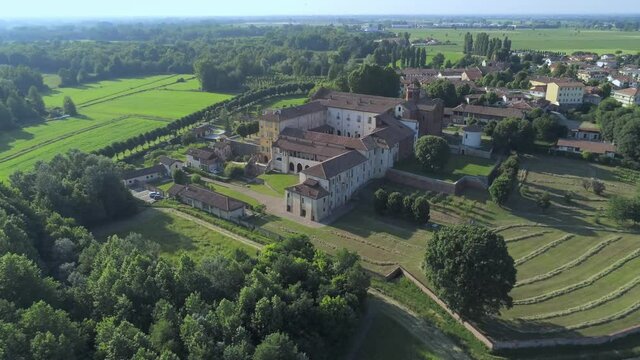 Aerial view of Abbazia di Morimondo (Morimondo Abbey), Italy