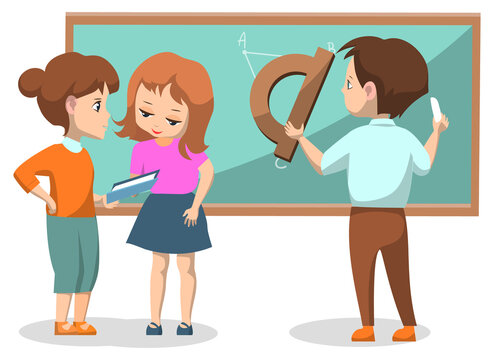 Math club. Group of kids solving geometry problems. Boy drawing on blackboard with chalk. Back to school concept. Vector illustration in flat cartoon style