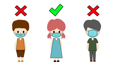 A set of three people that showing how to wear a protective mask correctly for avoiding PM2.5 and viruses or illness. how to use masks,   2019-nCoV infection.how to wear a protective mask correctly