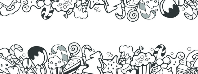 long strip pattern Christmas sweets colourful doodles hand-drawn top-to-bottom seamless black-white
