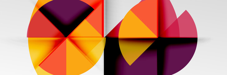 Bright color circles, abstract round shapes and triangles composition with shadow effects. Vector modern geometric design template