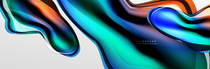 Vector abstract background, flowing liquid style bubble with metallic, color quicksilver chrome texture and color glow effects