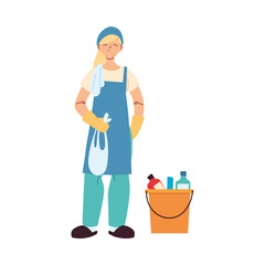 cleaning service woman with gloves and cleaning utensils