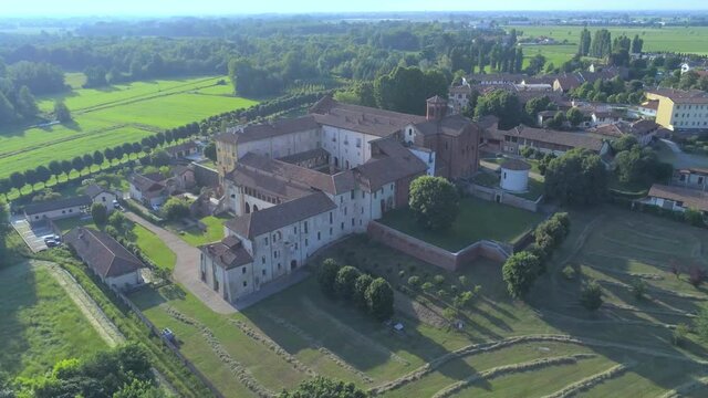Aerial view of Abbazia di Morimondo (Morimondo Abbey), Italy