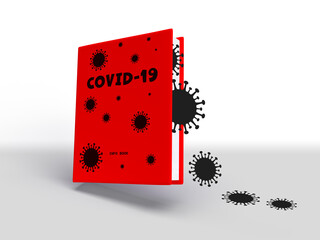 Covid 19 3d mockup of red book. Coronavirus back to school info cover with virus. Illustration 3d
