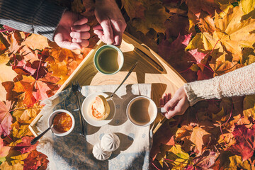 Couple of man and woman having morning breakfast in the autumn garden with colorful maple leaves. cup of coffee, marshmallow jam and a cheese pancake on a wooden tray.  Aerial view