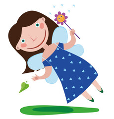The girl is dressed as a fairy with a magic wand, flying