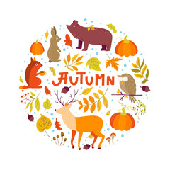 Set of Autumn cartoon characters, plants and leaves. Fall season