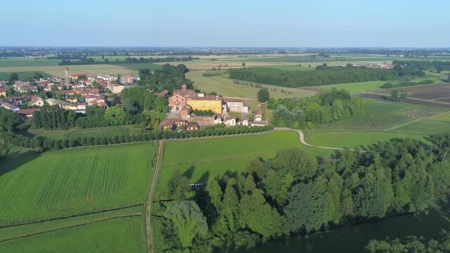 Aerial view of Abbazia di Morimondo (Morimondo Abbey), Italy