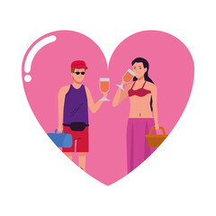 young couple wearing beach suits drinking cocktails in heart