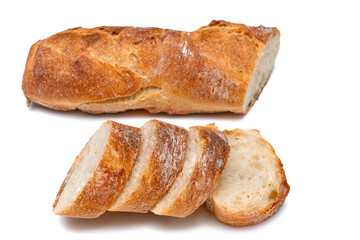 Sliced baguette bread path and white baguette piece isolated on white background