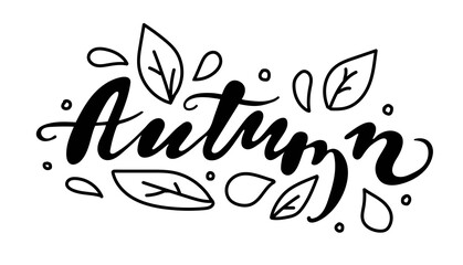 Obraz premium Hand drawing autumn lettering with doodle elements. Leaves, drops, lettering and dots. beautiful element for autumn design. Vector illustration.