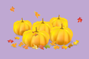 five orange pumpkins with a gradient fill and multi-colored maple leaves lie side by side on a lilac background