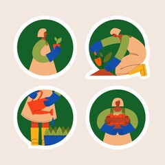Fototapeta premium Female gardener, farmer. Character flat illustration sticker set.