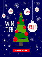 Fototapeta na wymiar Winter sale poster with christmas tree,balls and snowflakes isolated on blue background.Shop now. Raster version.Clipart for website and banners,ads, coupons, promotional material