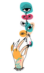 Hand drawn abstract elegant hand holding psychedelic plant flower with many eyes