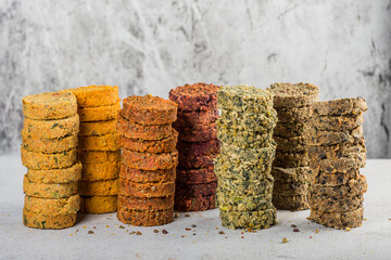 Vegan burger tower on a light background. selective focus