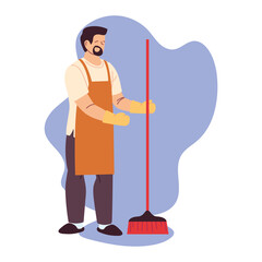 cleaning service man with gloves and cleaning utensils