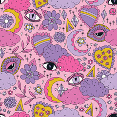 Mystical moon, diamond and stars. Vector repeat pattern. Great for home decor, wrapping, scrapbooking, wallpaper, gift, kids, apparel.