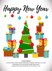 Happy New Year greeting card with cute xmas tree,balls and gifts.Raster version.Clipart.Flat Style
