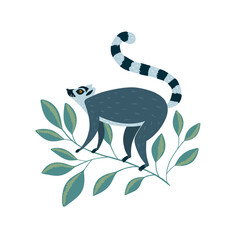 Illustration with cute lemur on the branch