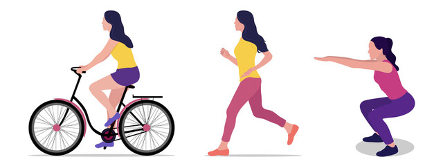 Set of vector illustrations of beautiful sports women isolated on white background. Sports and healthy lifestyle. Fitness, running, cycling, squats
