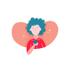 Young girl with curly hair hold cell phone isolated