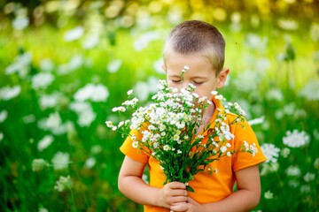 portrait of a happy boy in a field with flowers, a child sniffing flowers in a field, children's lifestyle