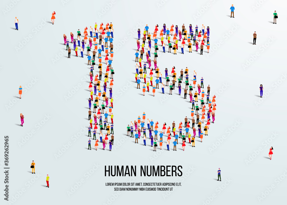 Fototapete large group of people form to create number 15 or fifteen. people font or number. vector illustratio