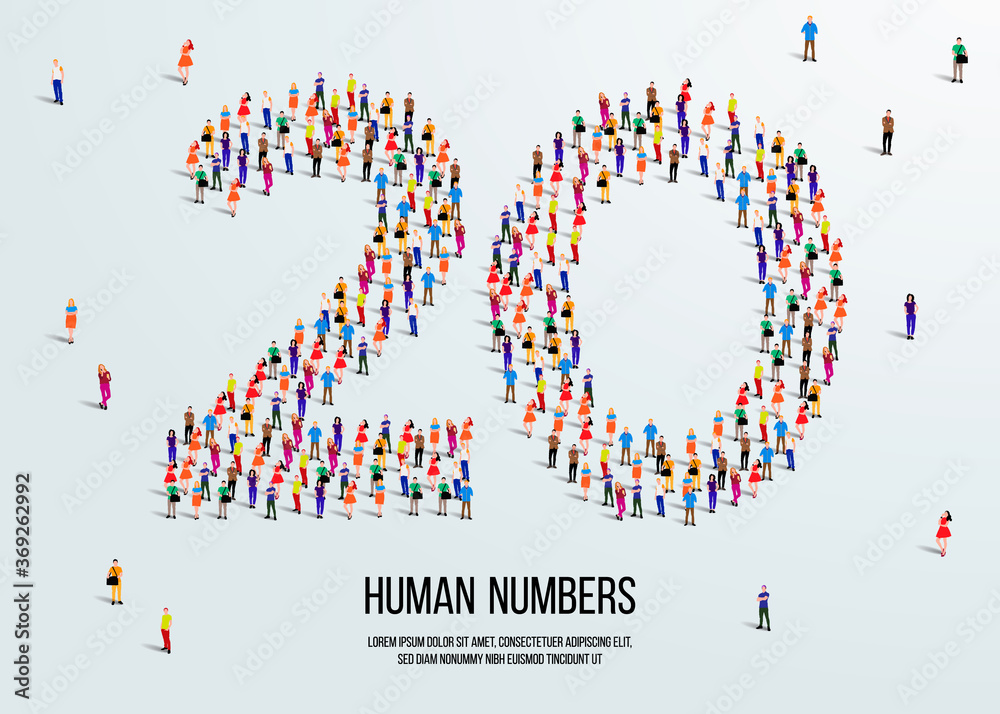 Fototapete large group of people form to create number 20 or twenty. people font or number. vector illustration