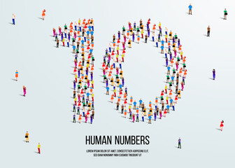 large group of people form to create number 10 or ten. people font or number. vector illustration of number 10.