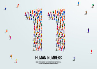 large group of people form to create number 11 or eleven. people font or number. vector illustration of number 11.