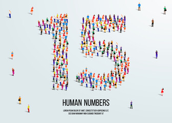large group of people form to create number 15 or fifteen. people font or number. vector illustration of number 15.