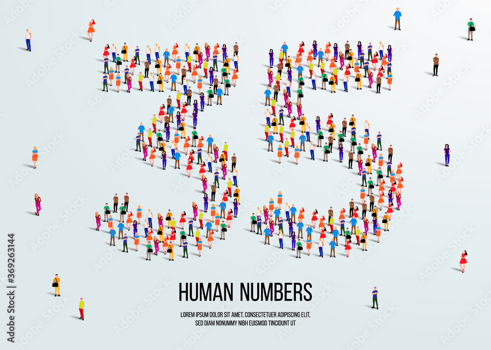 Fototapete large group of people form to create number 35 or thirty five. people font or number. vector illustr