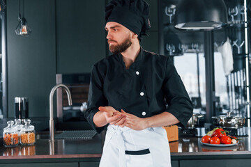 Portrait of professional young chef cook in uniform that posing for camera on the kitchen